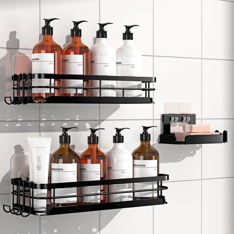 Getsrichfc Large Capacity Shower Caddy, Heavy-Duty Adhesive Shower Organizers with Custom Aesthetic Design Soap, No Drilling Corner Shower Shelves, 5 Hooks for Bathroom Accessories, 3 Pack - Image 1